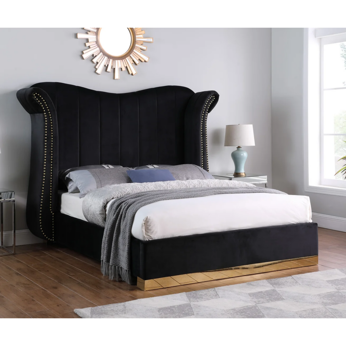 Luna Platform Bed in Velvet with Golden Legs — Gafer Furniture