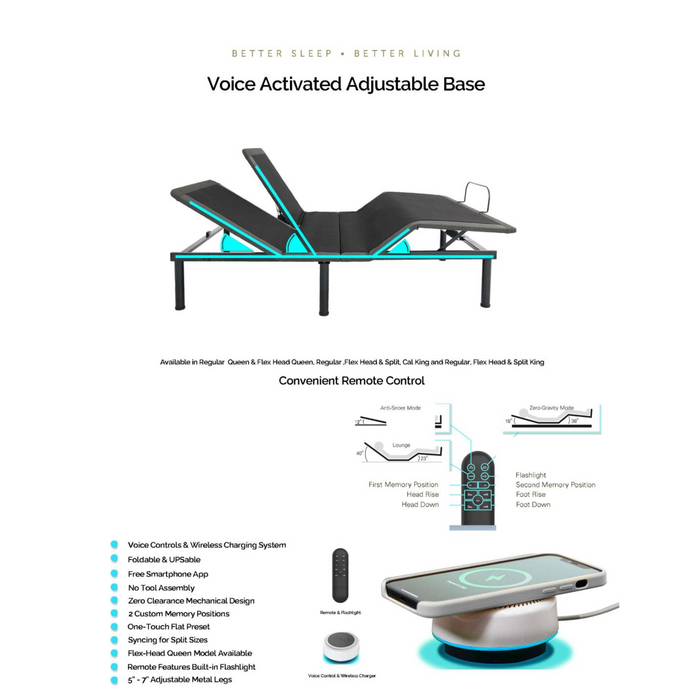 EADB-150 Electric Adjustable Bed with Voice Control, Foam Base & Wireless Charging System
