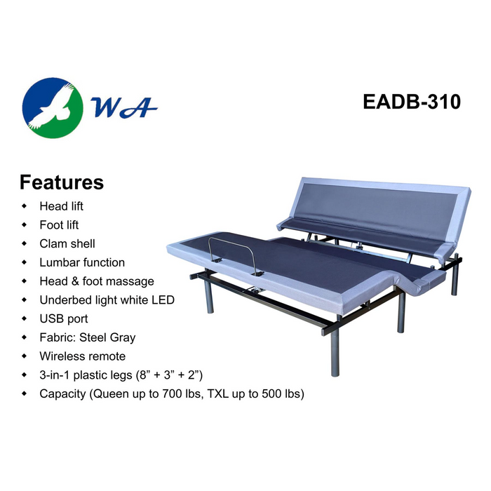 EADB-310 Electric Adjustable Bed with Massage Lumbar Support & Bluetooth App