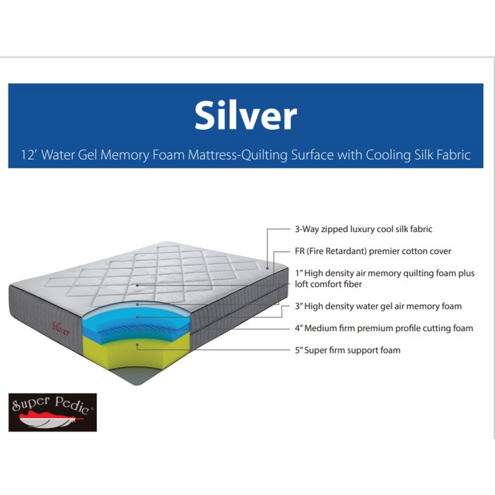 Silver – 12″ Water Gel Memory Foam Mattress-Quilting Surface with Cooling Silk Fabric